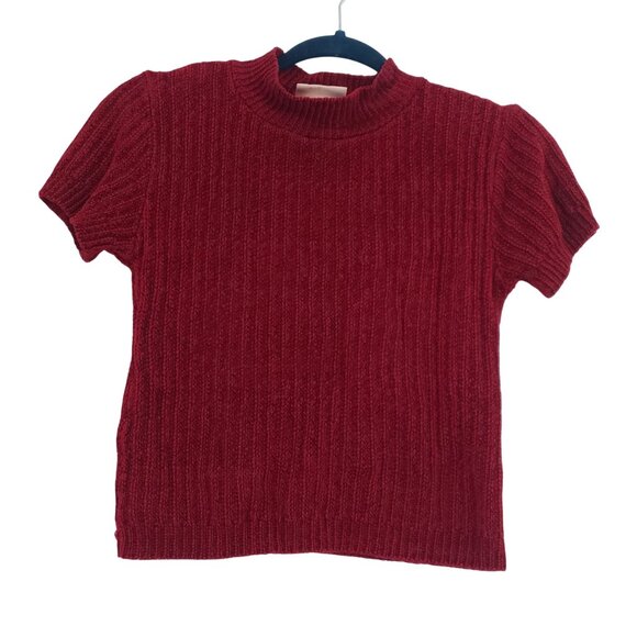 Vintage Womens Ribbed Knit Red Short Sleeve Mock Neck Retro Timeless‎ Y2K Soft - Picture 1 of 8